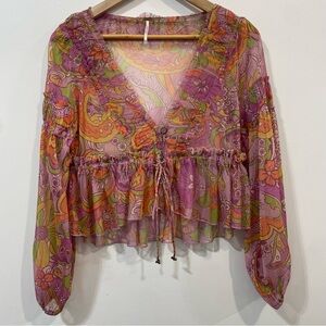 Free People Cassiopeia Pink Orange Floral Sheer Fall Retro Top Blouse Size XS
